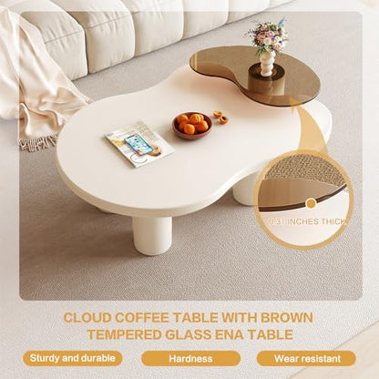 Modern Nesting Coffee Table Set of 2 Irregular Cloud Shape Cream White Center Table Space Saving eAccent Tables for Living Room Apartment Bedroom Office Minimalist Decor