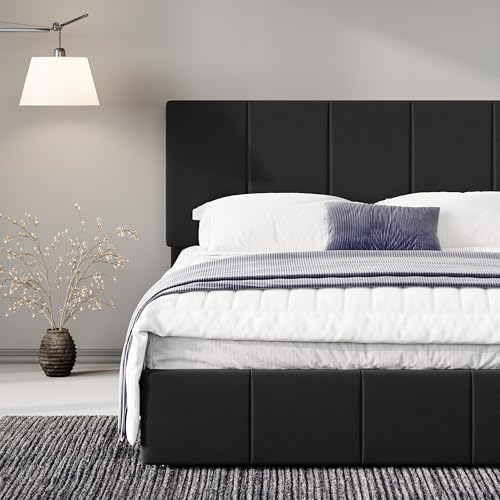 Allewie Queen Size Dutch Velvet Upholstered Platform Bed Frame/Vertical Channel Tufted Adjustable Headboard/Low Profile Bed Frame/No Box Spring Needed/Easy Assembly/Black - color: Black, size: Queen
