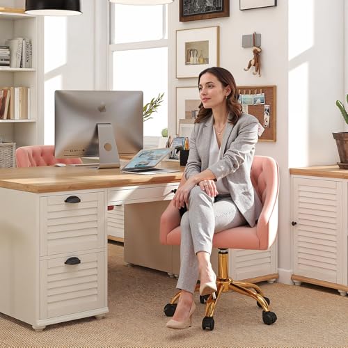 MOJAY Velvet Home Office Desk Chair, Vanity Chair with Wheels Pretty Fancy Gold 360°Swivel Height Adjustable Office Chairs for Girls Home Offices, Bedrooms, Living Room (Pink) - color: Pink