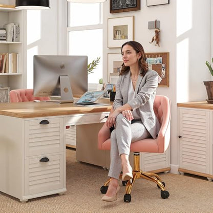 MOJAY Velvet Home Office Desk Chair, Vanity Chair with Wheels Pretty Fancy Gold 360°Swivel Height Adjustable Office Chairs for Girls Home Offices, Bedrooms, Living Room (Pink) - color: Pink