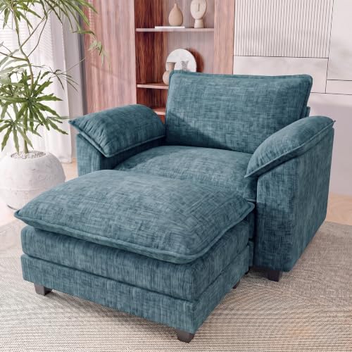 Homall Sofa Accent Chair with Ottoman, 35" Reading Chair, Dark Blue | Comfy Chenille, Double Layer Cushion, Wide Armrest, Deep Seat, Sturdy Frame, High-Density Foam, Single Sofa for Living Room - color: Dark Blue, size: Single Sofa Chair