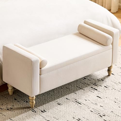 Large Storage Ottoman Bench, 45.7" Linen Upholstered Entryway Bench with Solid Wood Legs, End of Bed Bench, Shoe Bench, Ottoman Storage Chest for Bedroom/Living Room/Entryway,Beige - color: Beige