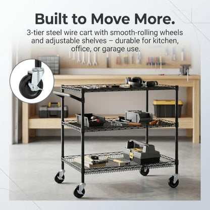 Finnhomy 3 Tier Heavy Duty Commercial Grade Utility Cart, Wire Rolling Cart with Handle Bar, Steel Service Cart with Wheels, Kitchen Carts on Wheels, Metal Cart Shelf Size 24" D x 36" W, NSF, Black - size: 36"L x 24"W x 35.4"H-3 Tier, style: Black Cart