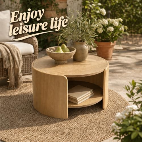 Oak Round Coffee Table, 2-Tier 31.5" Open Storage Modern Center Table | Wooden Circle Coffee Table with Shelf & Curved Legs for Living Room, Home Office, Reception Room, Apartment, Natural - color: Natural