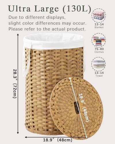 SETVSON Large Laundry Hamper Laundry Basket Round 34.3 Gal PE, Natural | 130L Jumbo Family PE Rattan Hamper, Removable Washable Liner Bag with Handles, 2 Mesh Wash Bags, Steel Frame, Foldable - color: Natural, size: 130 L