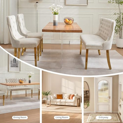 Beige Velvet Dining Bench with Back, Tufted Banquette Seating, Gold Legs | Upholstered loveseat bench; tufted back; nailhead trim; 500 lb capacity; foam and spring seat; dining room or entryway - color: Beige(gold Stainless Steel Legs)