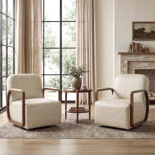 Faux Leather 360° Swivel Barrel Accent Chairs Set of 2, Upholstered Mid Century Modern Reading Lounge Chair with Wooden Armrests & Solid Rotating Metal Base for Living Room Bedroom, Cream Beige - color: Cream Beige, size: 2 Pack