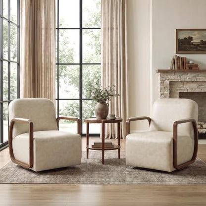 Faux Leather 360° Swivel Barrel Accent Chairs Set of 2, Upholstered Mid Century Modern Reading Lounge Chair with Wooden Armrests & Solid Rotating Metal Base for Living Room Bedroom, Cream Beige - color: Cream Beige, size: 2 Pack