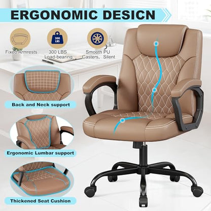 Misolant Office Chair, Executive Desk Chair, PU Leather Comfortable Ergonomic Chairs with Fixed Armrest, Adjustable Height, Rocking Function, 360° Swivel Wheels, Brown - color: Brown