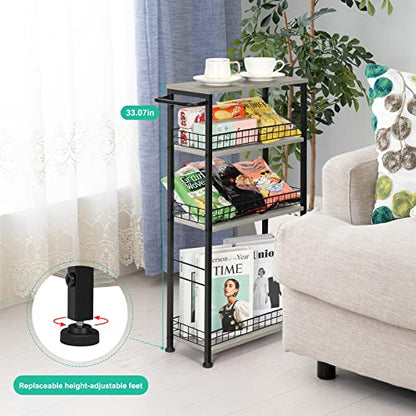 YBING Slim Storage Cart 4 Tier Narrow Rolling Cart, 7.3'' Wide | Mobile Kitchen Narrow Cart, Wooden Tabletop, With Handle, For laundry Living Room, Grey - color: Grey