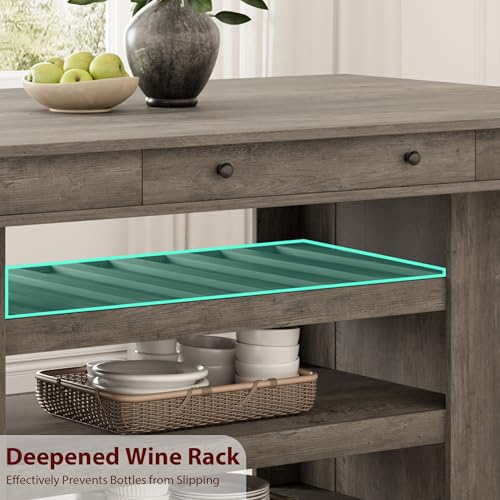 Farmhouse Dining Counter Height Table with Wine Rack & 3 Shelves, 36" Wooden Tall Dining Table with 2 Drawers, Thick Frame Counter Height Kitchen Table for Bar & Entertaining, Retro Gray - color: Retro Gray