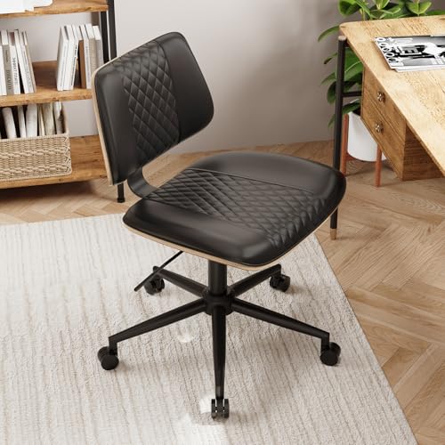 Modern Armless Office Chair with Wheels, Wide Seat Walnut, Black | Adjustable Swivel Desk Chair with Mid Back & Tilt Function, Faux PU Leather Mid Century Modern Task Office Chair, 300LBS Cap - color: Black, size: MCM Style Wide Seat