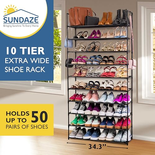 Sundaze Shoe Rack - 10 Tier Shoe Rack for Front Door Entrance, Sturdy Tall Shoe Organizer for Closet, Bedroom, Entryway, Garage, Non Woven Fabric Shelf, Black, Holds Up to 50 Pairs - size: 10 Tier (34.3" W)