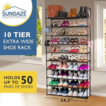 Sundaze Shoe Rack - 10 Tier Shoe Rack for Front Door Entrance, Sturdy Tall Shoe Organizer for Closet, Bedroom, Entryway, Garage, Non Woven Fabric Shelf, Black, Holds Up to 50 Pairs - size: 10 Tier (34.3" W)