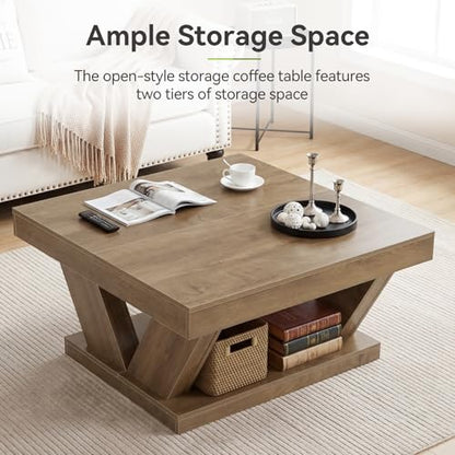 LITTLE TREE Coffee Table, Farmhouse Coffee Table with Large Storage Shelf, 2-Tier Rustic Wood Modern Center Table for Living Room, Home Office, Rustic Brown - color: Rustic Brown