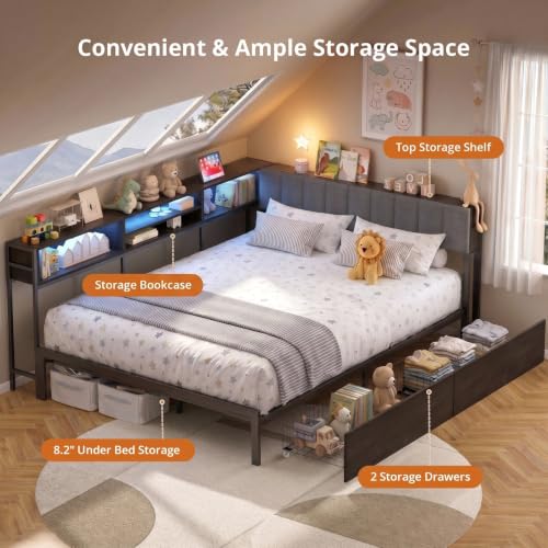 VOWNER Full Corner Bed Frame with Storage and RGB LED Lights, Grey | Upholstered Full Bed Frame with 2 Drawers and Charging Station for Kids Teens, Metal Platform Daybed for Bedroom & Guest Room