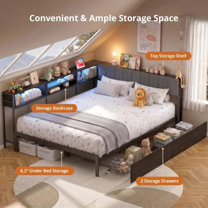 VOWNER Full Corner Bed Frame with Storage and RGB LED Lights, Grey | Upholstered Full Bed Frame with 2 Drawers and Charging Station for Kids Teens, Metal Platform Daybed for Bedroom & Guest Room