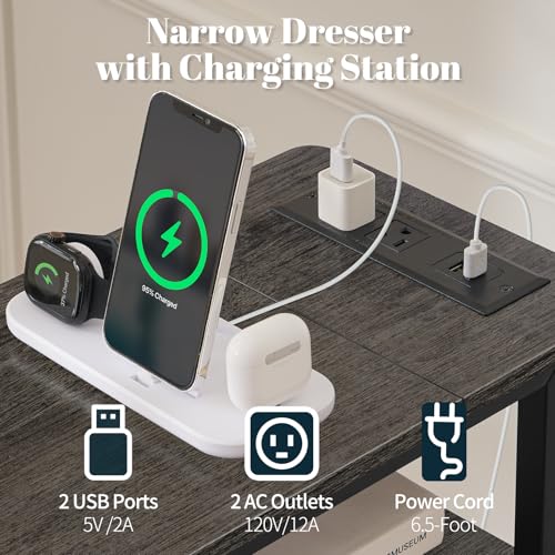 Yoobure Narrow Nightstand with Charging Station, LED Tall Narrow Side Table | Sturdy Grey Nightstand, Tall Space-Saving Dresser, Skinny Storage Drawers & Cabinet, Designed for Bedroom Dorm Small Spaces - color: Grey