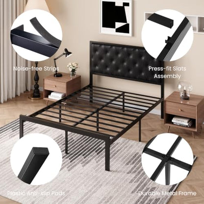 SHA CERLIN Full Size Metal Bed Frame with PU Tufted Headboard, Black | Modern Design Heavy-Duty Platform Bed, No Box Spring Need, PU Leather Upholstery, Noise Free, Easy Assembly - color: Black, size: Full