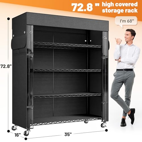 REIBII 72.8"H 5-Tier Heavy Duty Storage Shelving with Cover & Wheels,Pantry | 35''W x 16''D, Waterproof UV-resistant cover, Lockable wheels, Height adjustable, Tool-free assembly, Garage/kitchen/patio - size: 35" W x 16" D x 72.8" H