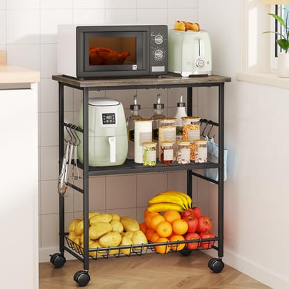 SWTYMIKI Rolling Kitchen Microwave Cart - 3 Tier Microwave Table Stand with Storage Basket and Hooks, Kitchen Utility Cart on Wheels, Coffee Cart Shelf Rack Organizer for Living Room Office, Balcony - color: Grey