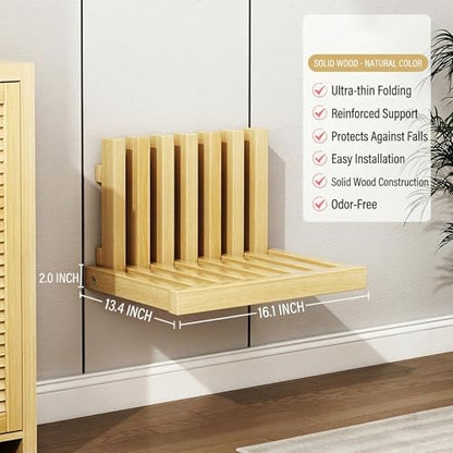 Solid Wood Wall-Mounted Bedside Shelf, Foldable Floating Narrow Table, Creative Slatted Design for Bedroom (Natural Wood Color) - color: Natural Wood Color