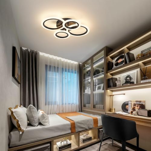 Shine LUEST 34W Modern LED Ceiling Light, 3000K-6000K Dimmable Ceiling Lighting Fixtures Ceiling Mount 4 Rings Black LED Chandelier Bedroom Lights Flush Mount with Remote for Kitchen, 2720LM - color: Black, 4 Rings