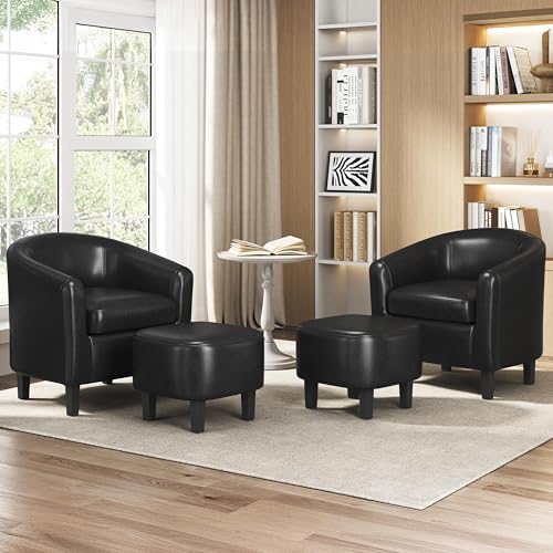 Yaheetech Accent Chairs with Ottoman, Faux Leather Set of 2, Black | Water-resistant Faux Leather Chairs with High-density Foam and Solid Wood Legs for Living Room, Waiting Room, Small Space - color: Black(faux Leather), style: with Ottoman