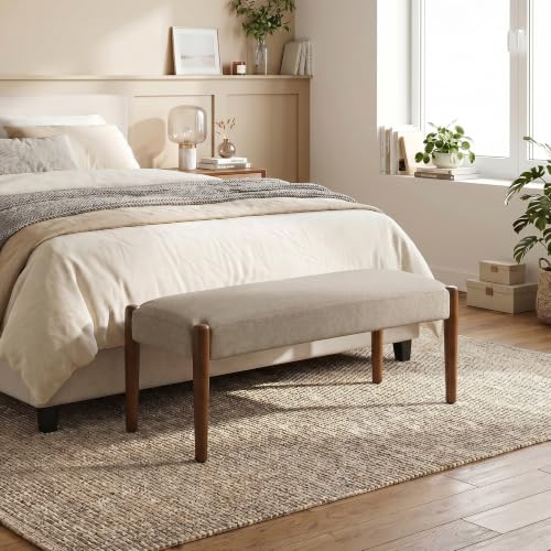 Usaint 42" End of Bed Bench with Wood Legs, Brown with Walnut Leg | Modern Upholstered Bedroom Bench with Rubberwood Legs, Entryway Bench with Cushion, Dining Bench for Living Room, Bedroom - color: Brown With Walnut Leg