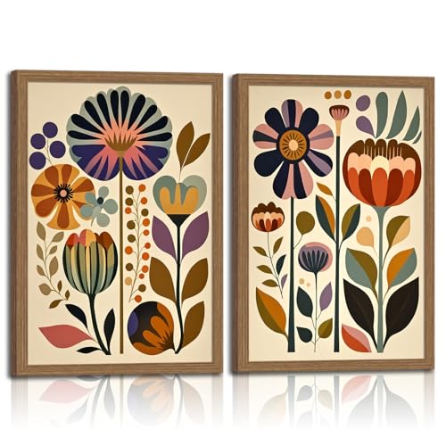 2Pcs Framed Colorful Floral Wall Art Abstract Scandinavian Flower Canvas Wall Decor Paintings, Mid Century Modern Botanical Artwork Pictures Prints for Living Room Bedroom Dining Room 16x24 In - color: plant, size: 16x24in