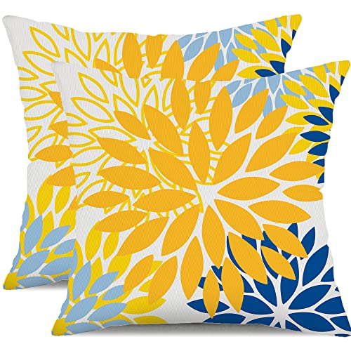 DFXSZ Outdoor Waterproof Pillow Covers 22x22 Set of 2 Yellow Blue Flower | Spring Summer Waterproof Flower Throw Pillowcases（No Inserts）Outdoor Decor for Patio Funiture Garden Polyester Covers - color: Yellow Blue, size: 22" x 22" (Pack of 2)