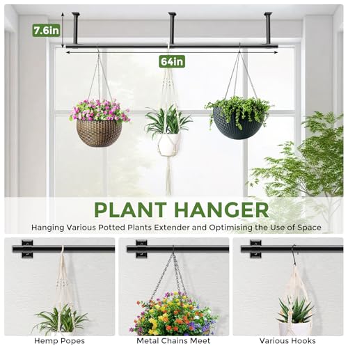 Plant Hanging Rod, 64 Inch Window Plant Hanger for Indoor Plants | Heavy Duty 1 Inch Metal Plant Rod for Window with Square Flange Base, Plant Shelves Wall Planters, Pot Not Included, Black - size: 64 Inch