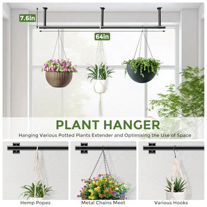 Plant Hanging Rod, 64 Inch Window Plant Hanger for Indoor Plants | Heavy Duty 1 Inch Metal Plant Rod for Window with Square Flange Base, Plant Shelves Wall Planters, Pot Not Included, Black - size: 64 Inch