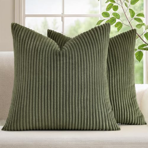 Mecatny Corduroy 가을 장식용 쿠션 커버 55.9x55.9cm(22x22인치) 2개 세트 | 부드러운 스트라이프 질감, 숨겨진 지퍼 디자인, 소파 소파 거실 침실, 홈 데코용 뉴트럴 보헤미안 스퀘어 베개 커버 - color: 올리브 그린., size: 22" x 22" (Pack of 2)