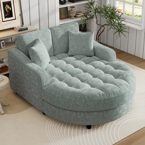 55" Modern 2-Seater Chaise Lounge Sofa Bed - Chenille Upholstered Loveseat Couch with Tufted Seat & Detachable Pillows, Space-Saving Sleeper Sofa (Green) - color: Green