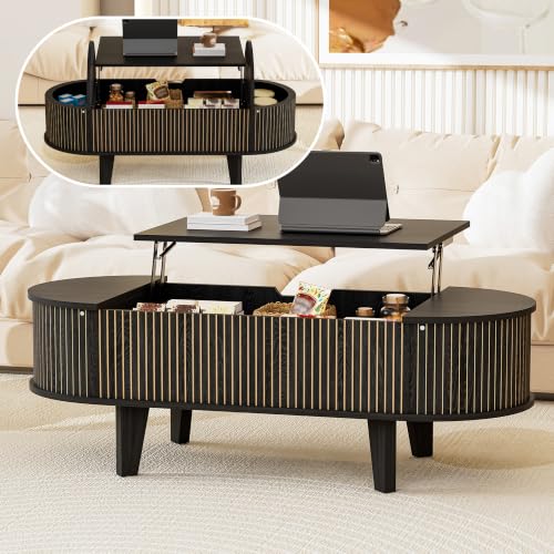 Oval Lift Top Coffee Table with Storage, Fluted 47" Wood Mid Century Modern Coffee Table for Living Room, Black - color: Black-oval (Flip Top)