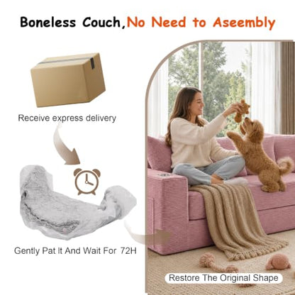 76" Convertible Sofa Bed, Corduroy Boneless Couch with Cup Holders & Pocket | 2-in-1 Sleeper Sofa, Pull-out Couch Bed with 5 Pillows, Living Room, Small Spaces, Bedroom, No Assembly - color: 76" Pink