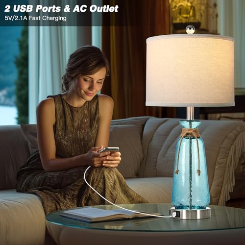 Rinweey 26" Coastal Lamps for Living Room Set of 2,3-Way Dimmable Bedside Lamps with USB Ports and AC Outlet, Nautical Lamps for Nightstand Bedroom Living Room,Teal - color: Coastal