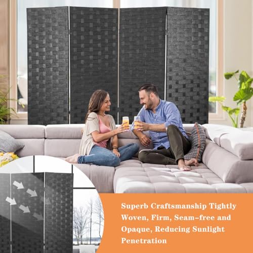 BLKMTY Room Divider, 6ft Folding Privacy Screens, Wall Divider Portable Room Seperating Freestanding Wood Screen, 4 Panels Hand-Woven Design Screen Double Hinged Dividers for Bedroom, Black - color: Black