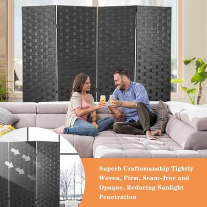 BLKMTY Room Divider, 6ft Folding Privacy Screens, Wall Divider Portable Room Seperating Freestanding Wood Screen, 4 Panels Hand-Woven Design Screen Double Hinged Dividers for Bedroom, Black - color: Black