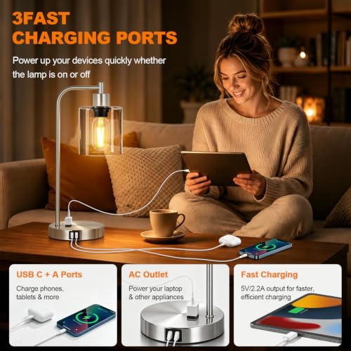 Industrial Touch Control Table Lamps Set of 2 - Brushed Nickel Nightstand Bedside Lamps with 2 USB Ports & AC Outlet, 3-Way Dimmable Desk Lamp for Bedroom Living Room, Glass Shade & LED Bulbs Included - color: Brushed Nickel(2 pack) - Clear Glass-Touch Co