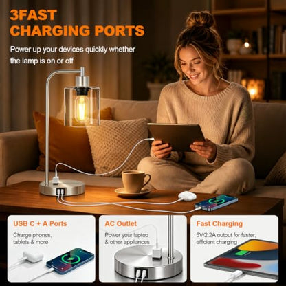 Industrial Touch Control Table Lamps Set of 2 - Brushed Nickel Nightstand Bedside Lamps with 2 USB Ports & AC Outlet, 3-Way Dimmable Desk Lamp for Bedroom Living Room, Glass Shade & LED Bulbs Included - color: Brushed Nickel(2 pack) - Clear Glass-Touch Co
