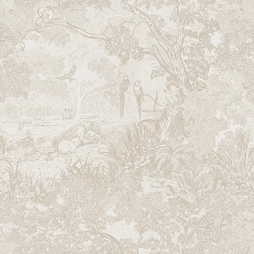 Peel and Stick Wallpaper Beige Neutral Vintage Forest Animals Floral Wallpaper Removable Self-Adhesive Contact Paper for Bedroom Living Room Cabinets Decoration Thicken Vinyl 17.3''x78.7'' - color: Neutral, size: 17.3" x 78.7"