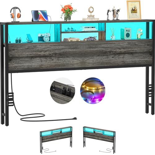 Aheaplus Headboard for King Size Bed with Storage, Headboards with Outlets, USB Ports and LED Light, King Size Head Board Only, Height Adjustable, Reversible, Sturdy and Stable Headboard, Black Oak - color: Black Oak, size: King, style: Wood