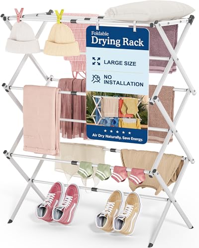 Oversize 3-Tier Clothes Drying Rack, No Install, White | Expandable Design, Non-slip feet, Tool-free Setup, Rust Prevention, Sturdy Construction, 14.9" D x 29.3" W, Holds 24lbs - color: White