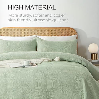 WURUIBO Twin Quilt Set Sage Green,Ultrasonic Embossed Bedspread, Lightweight Microfiber Coverlet, Modern Thin Bedding Set for All Season, 2 Piece(1 Quilt,1 Pillow Shams) - color: Sage Green, size: Twin(68"x88")