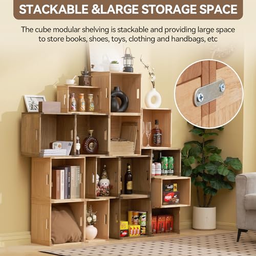 KIRIGEN Stackable Wood Storage Cube with Handles, Open Cubby Bin, Natural | Open-Front Wooden Crate Box for Books, Clothes, Shoes, Closet Storage, and Display for Home Office, Assembly Required - color: Natural, size: L/10.3*14.2*10.3(C26)