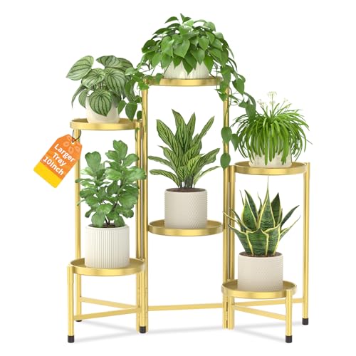 LASZOLA Plant Stand Indoor with 10 Inch Large Metal Tray, 6 Tier Gold | Corner Tall Folding Flower Display Rack, Modern Plant Holder Shelf, for Outdoor Patio Porch Garden Living Room - color: Warm Gold, size: 6 Tier