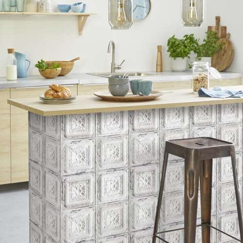 Froluya Distressed Tile Peel and Stick Wallpaper Ceiling 16.9" x 118.1" | Rustic White Contact Paper Embossed Self Adhesive Wallpaper Removable Waterproof Wall Paper for Kitchen Backsplash Vinyl - size: 16.9” x 118.1”