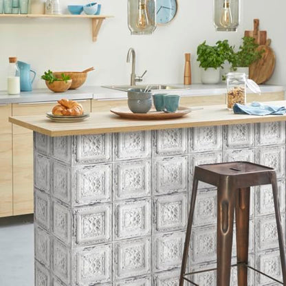 Froluya Distressed Tile Peel and Stick Wallpaper Ceiling 16.9" x 118.1" | Rustic White Contact Paper Embossed Self Adhesive Wallpaper Removable Waterproof Wall Paper for Kitchen Backsplash Vinyl - size: 16.9” x 118.1”